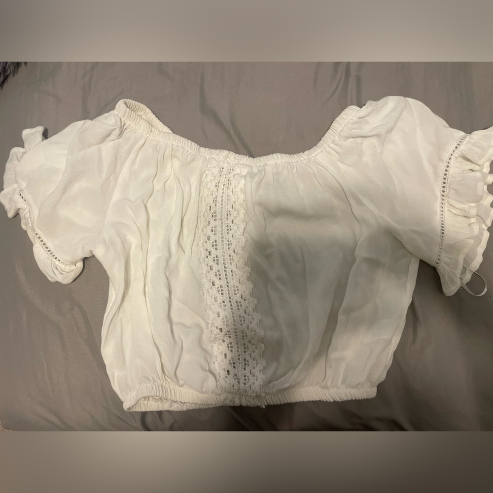 White Crochet Trim Crepe Off Shoulder Top